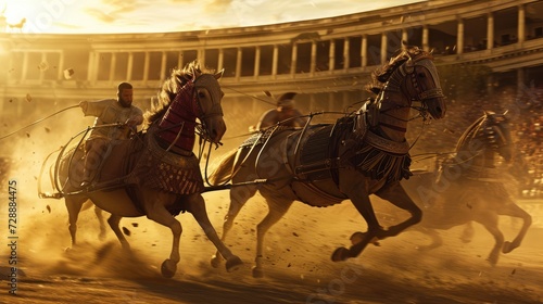 Ancient Racing Rivalry: A Glimpse into Roman Entertainment as Two Chariots Compete in the Historic Circus Maximus Arena, Bringing to Life the Excitement of Ancient Sport.

 photo