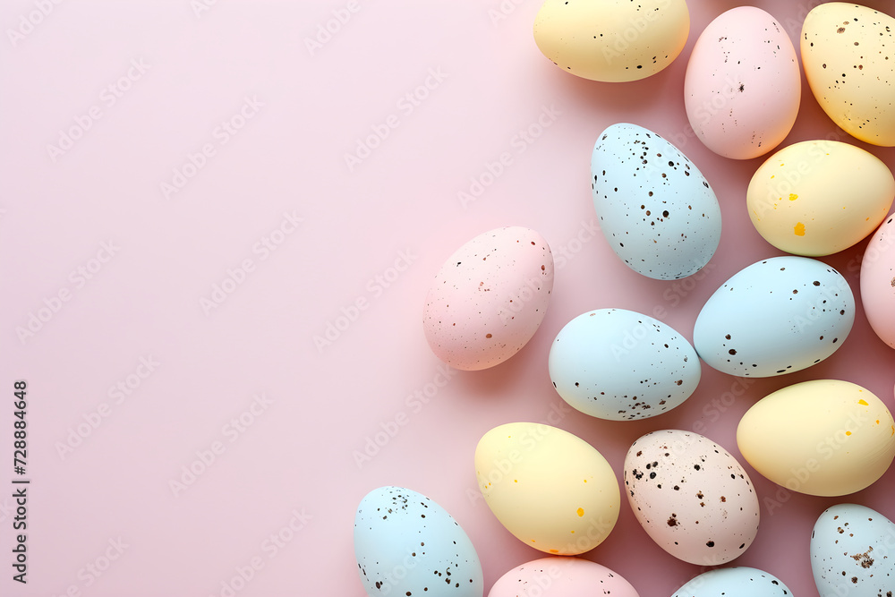 Frame with colorful easter eggs on light pink background. Happy Easter and springtime concept. Simple spring template, greeting card, banner. Flat lay design with copy space