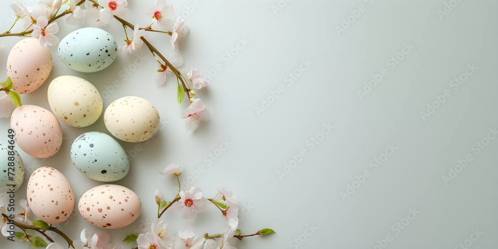 Frame with colorful easter eggs and cherry blossom on light background. Happy Easter and springtime concept. Simple spring template, greeting card, banner. Flat lay design with copy space