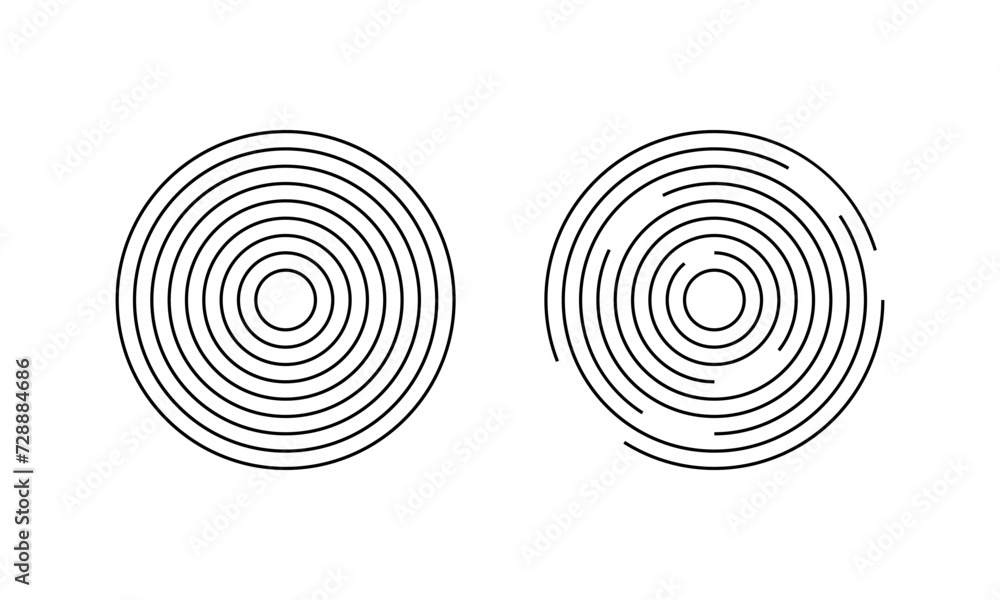 Circular ripple icons. Concentric circles with whole and broken lines. Whirlpool, vortex, sonar wave, soundwave, sun burst, signal signs isolated on white background Circular ripple icons. Concentric circles with whole and broken lines. Whirlpool, vortex, sonar wave, soundwave, sun burst, signal signs isolated on white background