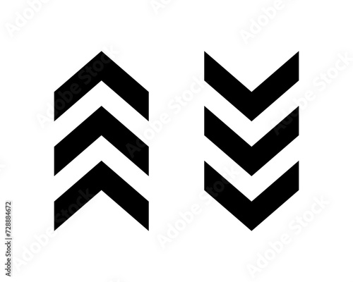 Black up and down chevron arrows. Ornament with repeated V shaped stripes. Road caution, military, navigation signs isolated on white background. Vector flat illustration.