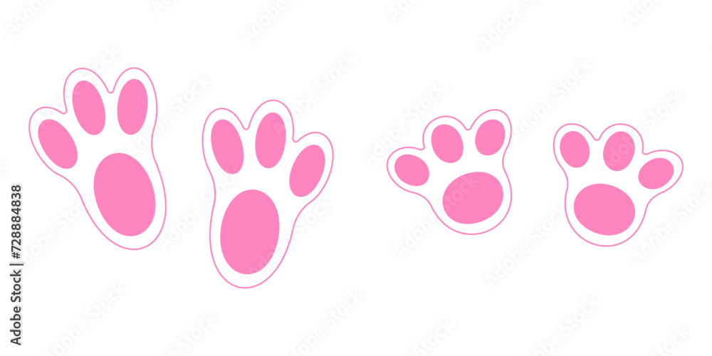 Cute pink bunny feet print. Rabbit paws step on white background. Design elements for Easter party celebration, greeting or invitation card. Vector flat illustration.
