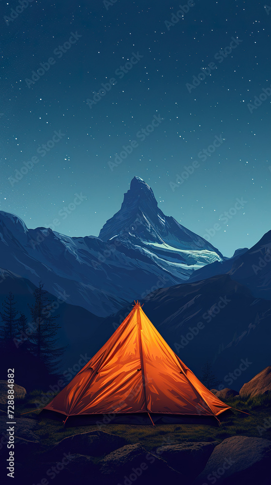 Orange camping tent in the mountain at night