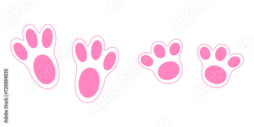 Cute pink bunny feet print. Rabbit paws step on white background. Design elements for Easter party celebration, greeting or invitation card. Vector flat illustration.