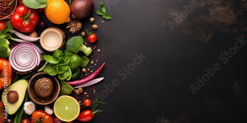 Kitchen with fresh vegetables and salad, copy space, top view.