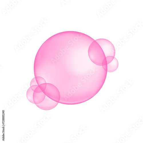 Pink cherry or strawberry chewing gum bubbles. Elements of soap foam, bath suds, cleanser liquid, sweet fizzy water. Glutathione, bakuchiol, rose oil, serum texture. Vector realistic illustration.