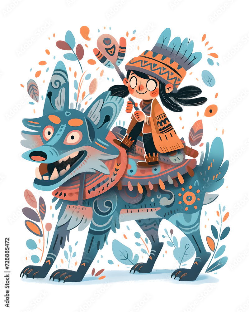 Girl in a colorful costume riding a white happy dog.