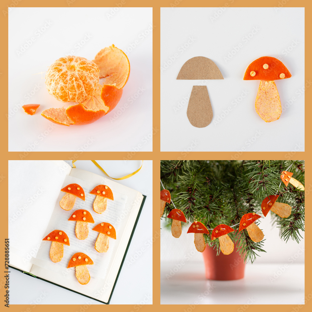 how to make decoration out of tangerine peel, mushrooms shapes garland, festive, crafts for kids