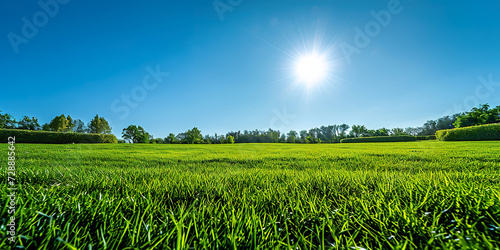 Panoramic wide shot at grass level of green