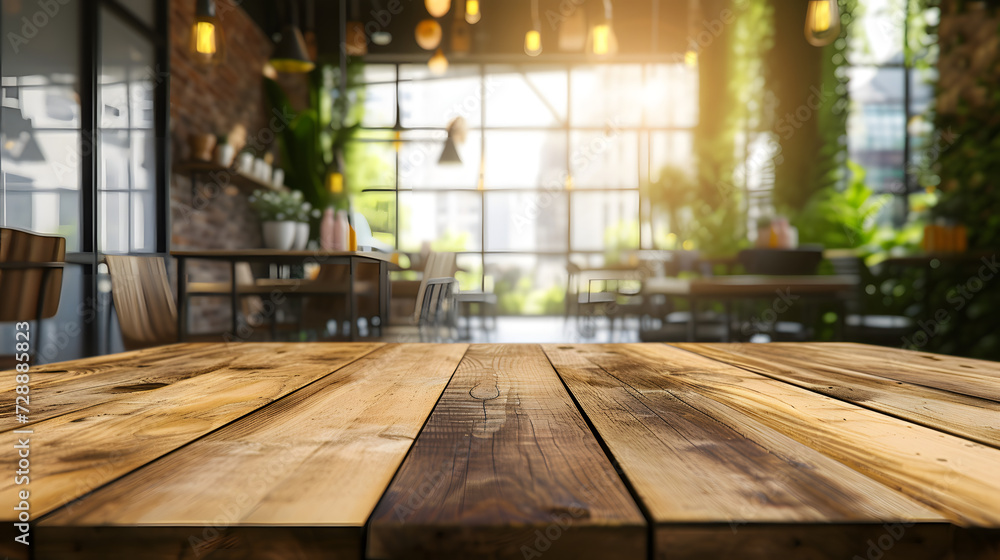 wooden table with restaurant background 