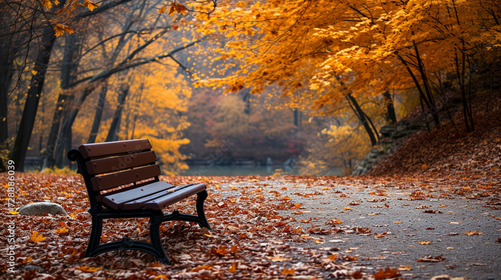 An empty park bench beneath a canopy of autumn leaves, capturing the stillness of a crisp fall day. - obrazy, fototapety, plakaty 