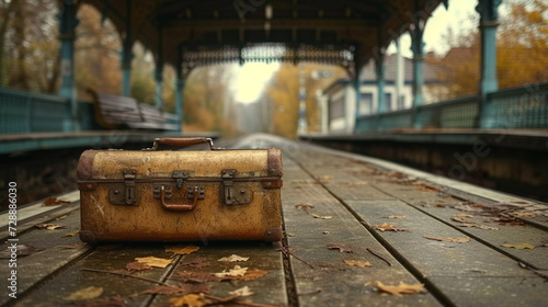 A deserted train station platform with an old-fashioned suitcase left behind, telling tales of forgotten journeys.
