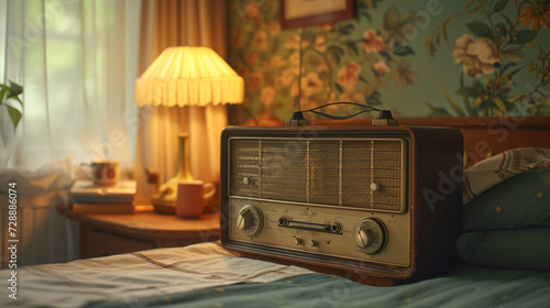 A vintage radio on a bedside table, emitting ethereal static as it captures echoes of bygone broadcasts.