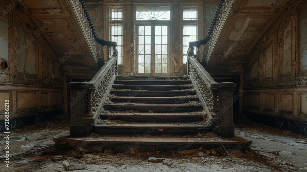 Obraz premium A series of footsteps leading towards an open door in a decaying mansion, inviting curiosity and trepidation.