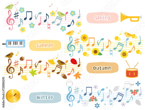 春夏秋冬の音楽会や音楽をイメージした植物と鳥と楽器のイラストのセット