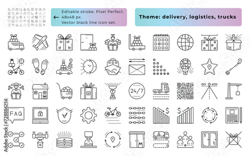 Delivery, logistics, trucks. Vector black line icon set, 50 signs - 48x48 px (editable stroke, pixel perfect) and 300x300 px (not editable stroke, pixel perfect). All pictogram layers have titles.