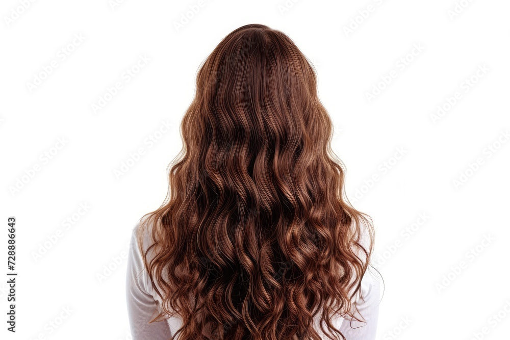Fototapeta premium Back view of a girl with beautiful wavy healthy curly long shiny brown hair isolated on white background