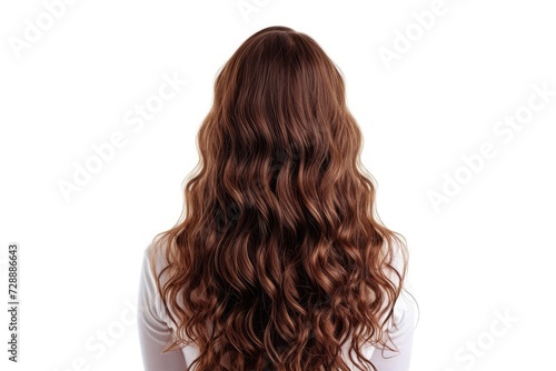 Back view of a girl with beautiful wavy healthy curly long shiny brown hair isolated on white background