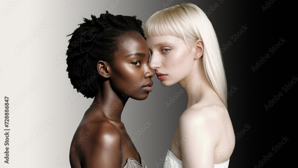 Black African model facing albino woman, on gradient contrast background with copy space - obrazy, fototapety, plakaty 