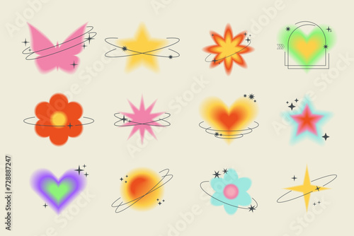 Y2k aesthetic blurred gradient aura hearts with linear circles, stars. Trendy set of modern blurry figures in brutalism style. Romantic transparent heart elements for social media background
