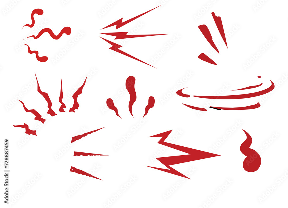 Onomatopoeias and expressive visual dynamic signs designed for cartoons and scenes of action, emotion, sound, and movement - isolated red curved, straight, and organic lines Onomatopoeias and expressive visual dynamic signs designed for cartoons and scenes of action, emotion, sound, and movement - isolated red curved, straight, and organic lines