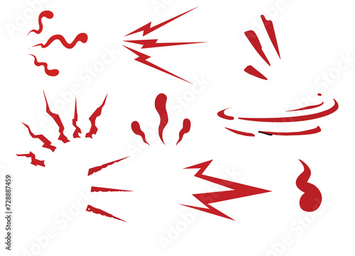 Onomatopoeias and expressive visual dynamic signs designed for cartoons and scenes of action, emotion, sound, and movement - isolated red curved, straight, and organic lines