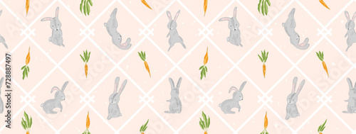 Tender pastel peach baby seamless pattern with cute gray Easter rabbits and carrots in rhombus for kids textile design, wrapping paper, surface, Spring holiday banner