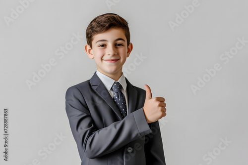 kid in suit showing thumbs up