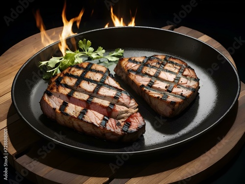 Elegant Dish of Grilled Meat Steak seasoned with vegetables, tomato, onion, and lemon. AI Generative.