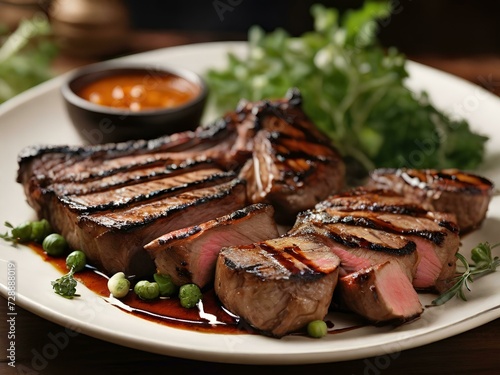 Elegant Dish of Grilled and Sliced Meat Steak, adorned and seasoned with fresh herbs, served with vegetables. AI Generative.