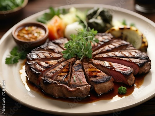 Elegant Dish of Grilled and Sliced Meat Steak, adorned and seasoned with fresh herbs, served with vegetables. AI Generative.