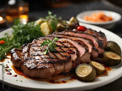 Elegant Dish of Grilled and Sliced Meat Steak, adorned and seasoned with fresh herbs, served with vegetables. AI Generative.