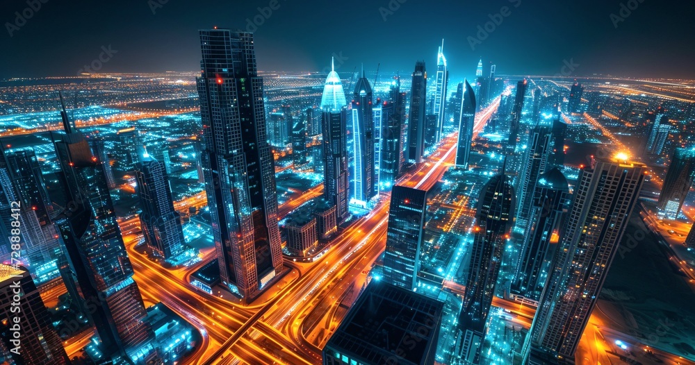 Obraz premium glowing night city with high-rise buildings 