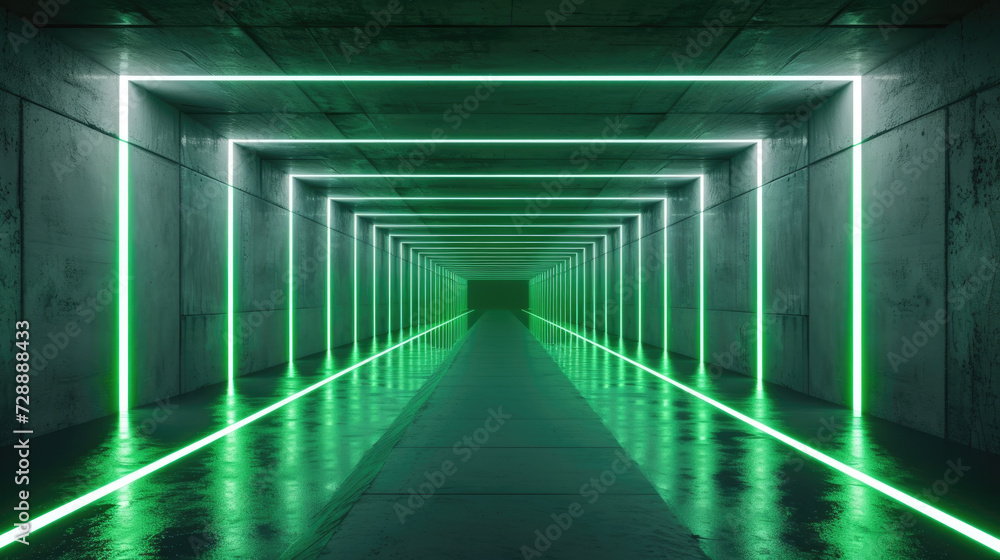 Neon concrete tunnel background, abstract empty grungy garage with lines of led green light, perspective of modern dark underground hallway. Concept of futuristic room, hall, design
