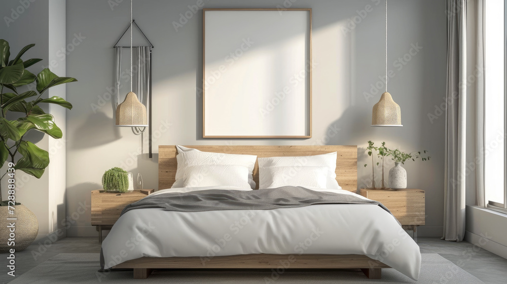 Frame mockup picture on wall in minimalist bedroom, detail of Scandinavian room interior with white blank poster, bed, plants and pillows. Concept of home design, mock up