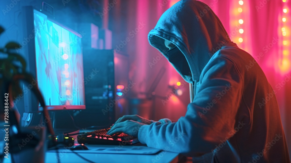hacker hacks the system, cybercriminal sitting at a computer hacker hacks the system, cybercriminal sitting at a computer