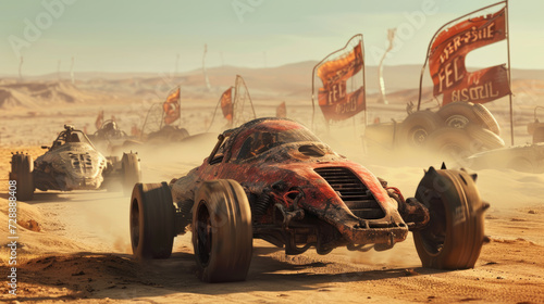 Vintage vehicle race on space planet like Mars  futuristic old rovers drive on desert  fantastic movie scene with retro sports car. Concept of fantasy dystopia  steampunk and future