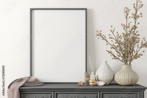 Frame mockup picture on dresser against white wall in minimalist room, detail of Scandinavian interior with blank poster and grey chest of drawers. Concept of home design, eco