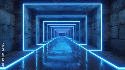 Neon concrete garage background, abstract empty grungy tunnel with lines of led blue light, perspective of modern dark underground hallway. Concept of room, interior, hall, design