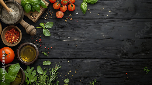 Food photography of healthy ingredients, including fresh tomatoes, coriander and olive oil, on a black wood background with copy space.