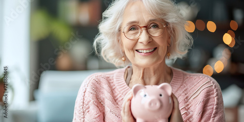 Smiling old woman holding piggy bank retirement