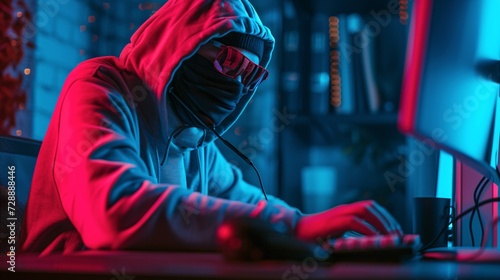 hacker hacks the system, cybercriminal sitting at a computer © Gromik