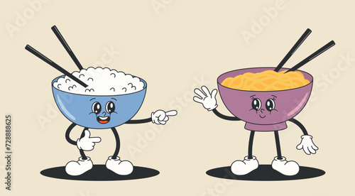 Cartoon character bowl rice meets girlfriend bowl of noodles. Retro Groovy style. Vector illustration of EPS10.