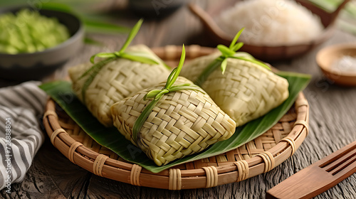 Ketupat (Rice Dumpling) On Wood Background.