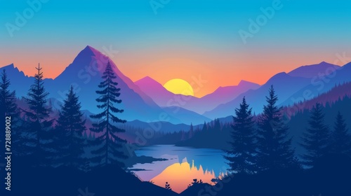 Illustration of a sunrise between mountains giving a touch of realism. generative ai