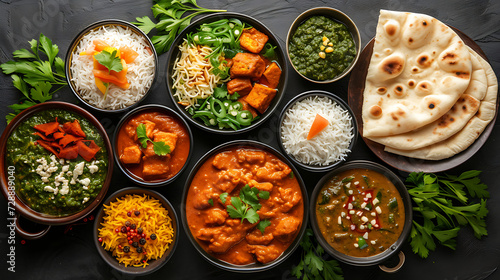Assorted Indian food on black background