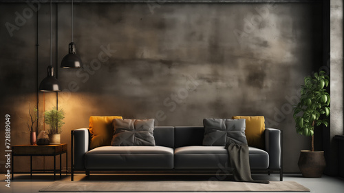 Modern living room featuring a charcoal sofa with yellow and gray pillows, industrial pendant lights, and vibrant houseplants against a textured wall.