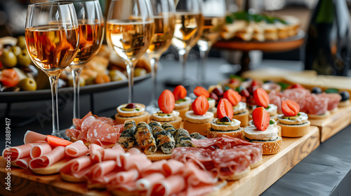 The buffet at the reception. Glasses of wine and champagne. Assortment of canapes on wooden board. Banquet service. catering food, snacks with cheese, jamon, prosciutto and fruit. Wedding or Party.