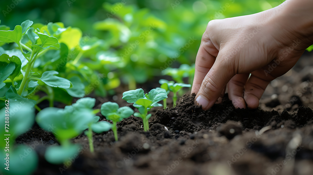 A hand checking on the progress of a small seedling plant in a nursery. A hand checking on the progress of a small seedling plant in a nursery.