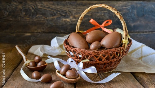 Ovos de páscoa de chocolate grandes e pequenos inteiros. Fitas para decorar e guardanapo photo